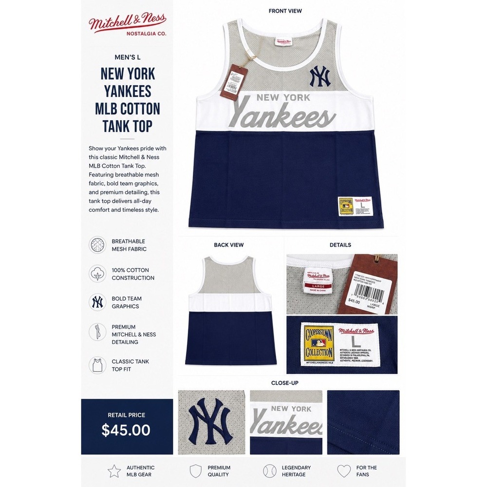 Mitchell & Ness Mens Tank Top Large Navy New York Yankees Cooperstown TTNK1231